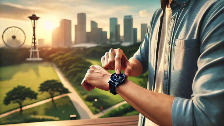 Homem ajustando o horário do smartwatch enquanto está em um ambiente ao ar livre com skyline urbano ao fundo