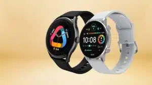 Dois smartwatches lado a lado, um com pulseira preta e outro com pulseira cinza, representando opções de relógios inteligentes com ótimo custo-benefício