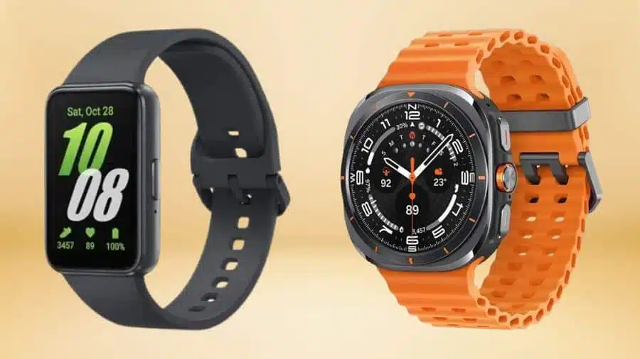 dois modelos de smartwatch samsung quadrado sobre um fundo amarelo bonito