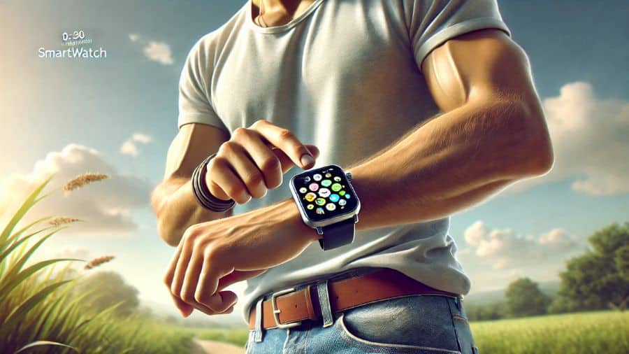 Homem casual interagindo com um smartwatch em ambiente externo com fundo verde e céu azul