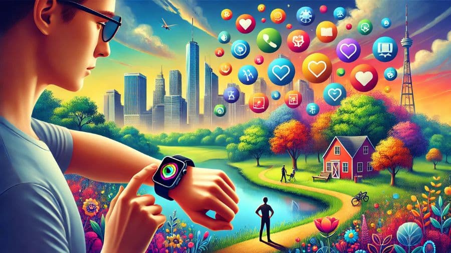 Pessoa olha curiosa para smartwatch com ícones flutuantes de apps em uma paisagem urbana com parque e cidade ao fundo