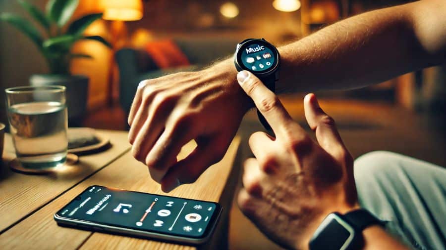 Pessoa controlando a reprodução de músicas do celular com o smartwatch em uma sala moderna e confortável