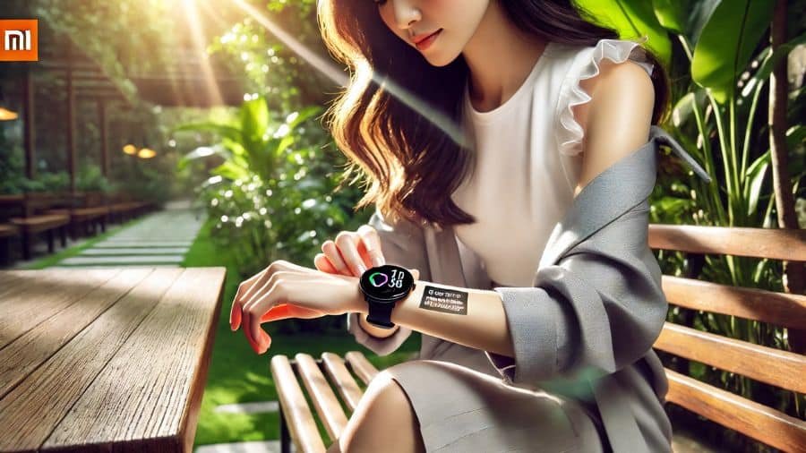 mulher usando um smartwatch Xiaomi