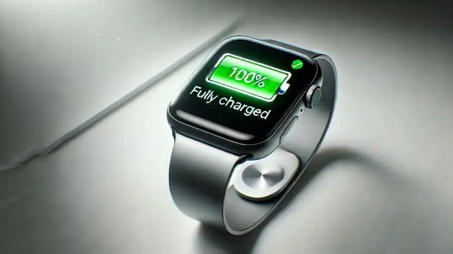 Tela de um smartwatch exibindo um ícone indicando que a bateria está totalmente carregada em 100%