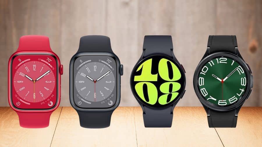 várias cores enfileiradas de samsung smartwatch 6 e apple watch 8