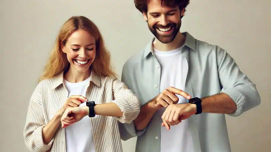 Homem e mulher sorrindo enquanto usam seus smartwatches, satisfeitos com a tecnologia no pulso