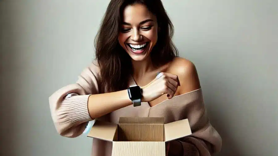 Mulher sorridente tirando um smartwatch da caixa