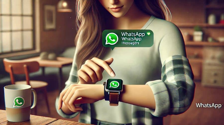 Mulher verifica notificações do WhatsApp em seu smartwatch enquanto segura o celular em um ambiente aconchegante