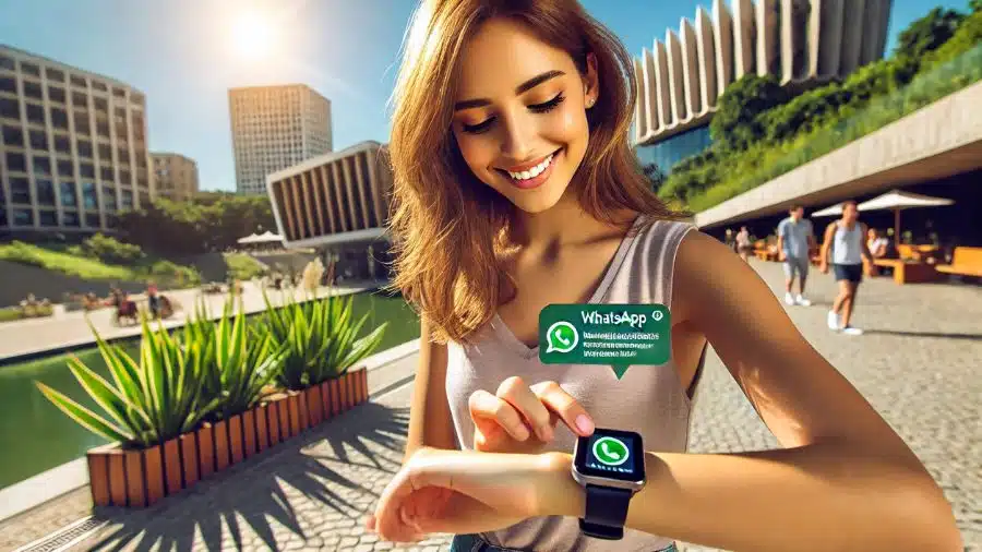 Mulher respondendo mensagem no smartwatch em um dia ensolarado de verão, com fundo verde e céu azul.