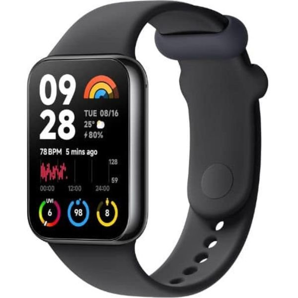 Imagem da smartband Xiaomi Smart Band 8 no formato quadrado com foco nos detalhes visuais