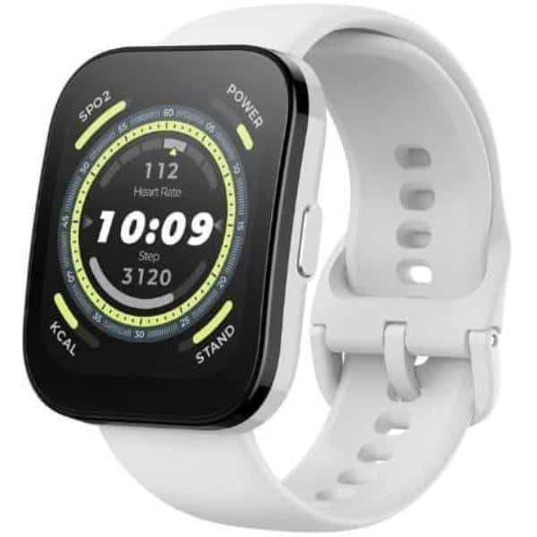 Imagem do smartwatch Amazfit Bip 5 no formato quadrado com foco nos detalhes visuais