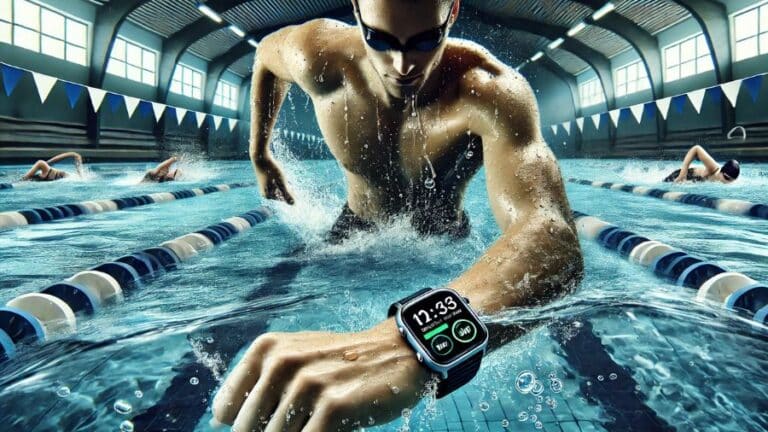 Homem praticando natação em piscina esportiva enquanto usa um smartwatch à prova d'água, monitorando seu desempenho