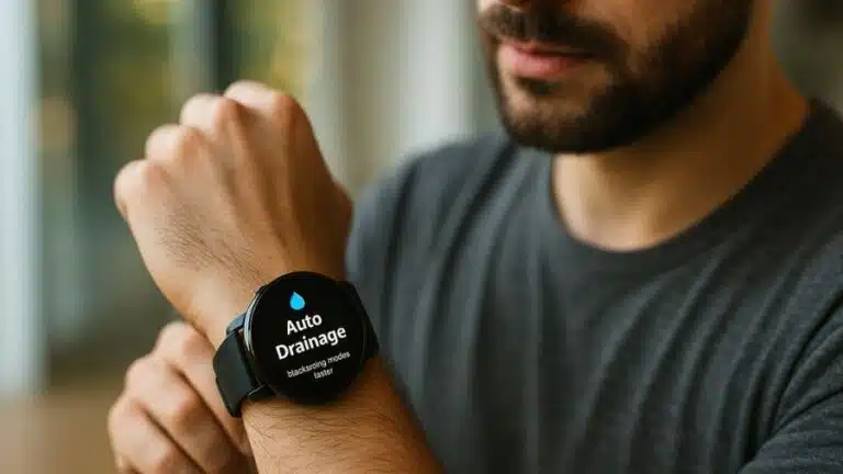 Homem usando seu smartwatch com função de auto drenagem ativada