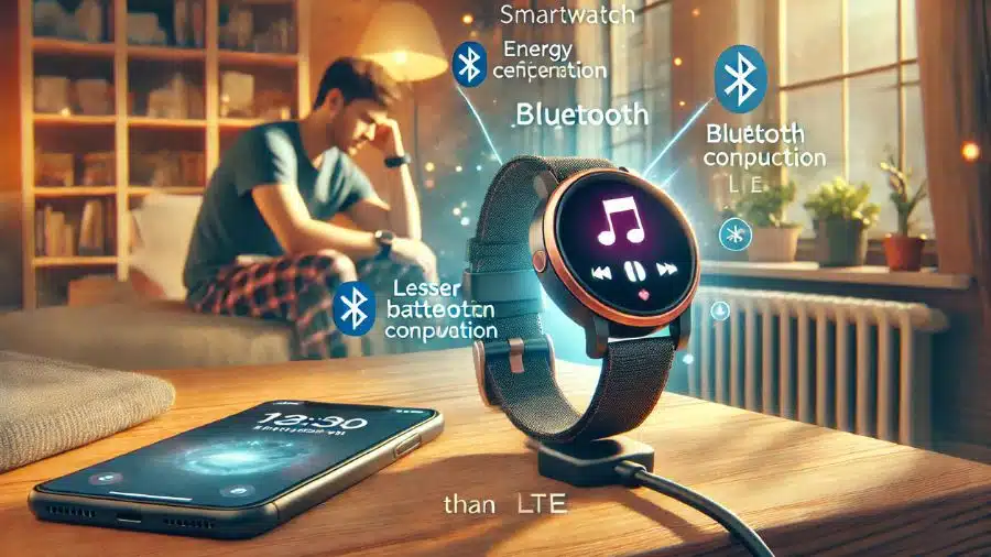Ilustração de um smartwatch conectado via Bluetooth a um smartphone, mostrando notificações e controle de música