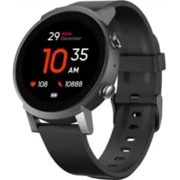 Imagem do smartwatch TicWatch E3 com sistema Wear OS no formato quadrado com foco nos detalhes visuais