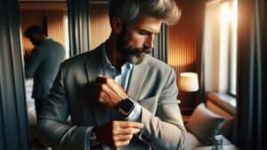 Homem de terno ajustando o punho da camisa com smartwatch prateado no quarto