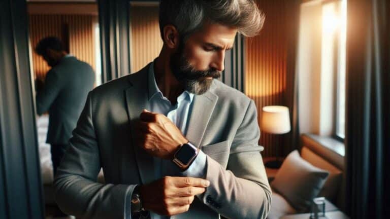 Homem de terno ajustando o punho da camisa com smartwatch prateado no quarto