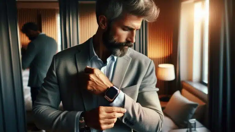 Homem de terno ajustando o punho da camisa com smartwatch prateado no quarto