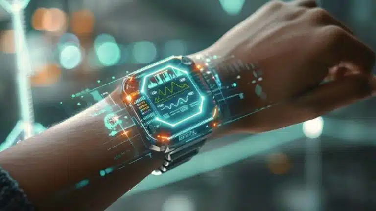 Smartwatch com IA generativa e interface holográfica futurista no pulso de uma pessoa
