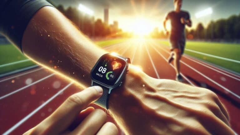 Smartwatch no pulso de pessoa em pista de corrida, com tela exibindo dados de treino, usada como imagem destacada do artigo