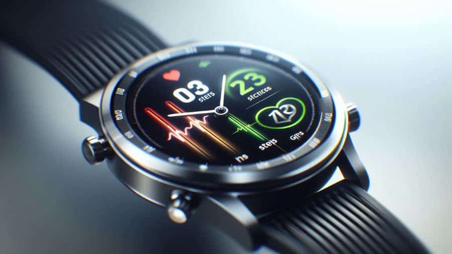 Smartwatch com pulseira preta exibindo sensores de passos, batimentos e GPS ativos na tela