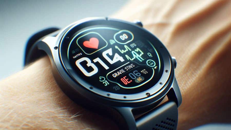 Smartwatch com mostrador digital exibindo sensores de saúde em uso no pulso de uma pessoa, usada como imagem destacada do artigo