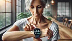 Mulher usando smartwatch para medir eletrocardiograma com atenção em ambiente moderno