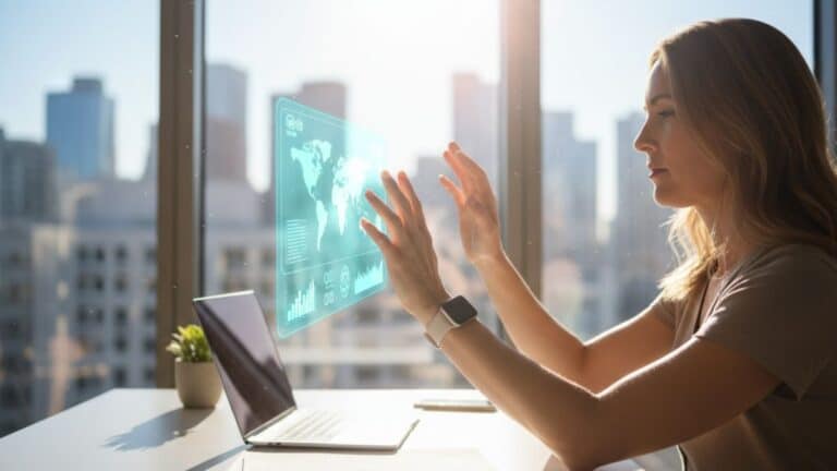Mulher usando smartwatch para controlar interface holográfica com gestos, usada como imagem destacada do artigo