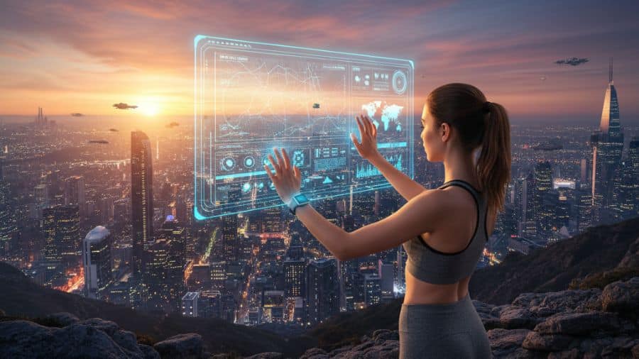 Mulher usando smartwatch com realidade aumentada para interagir com tela holográfica sobre cidade futurista