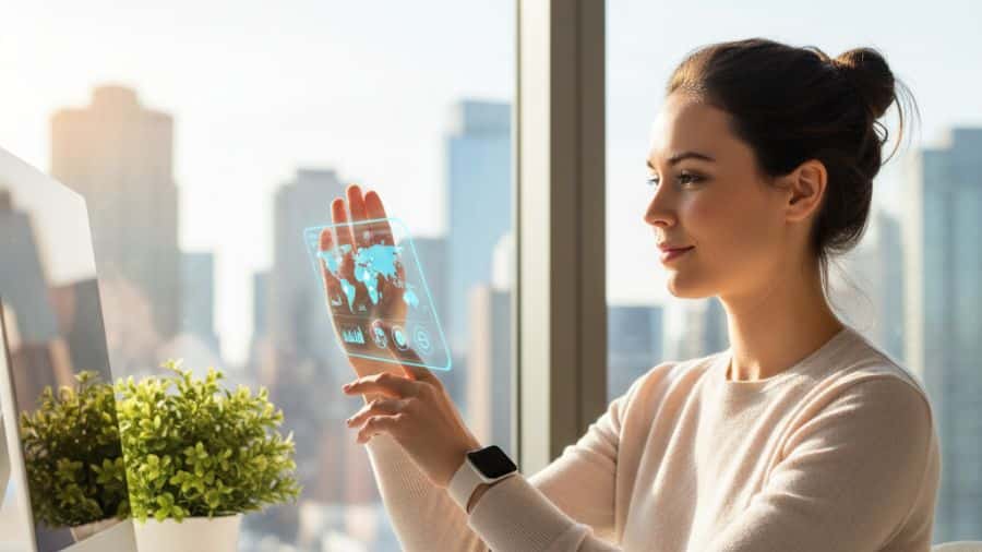 Mulher usando smartwatch para interagir com painel holográfico em ambiente corporativo com fundo urbano