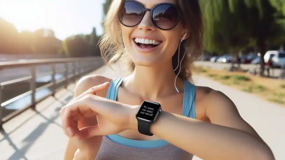 Mulher usando smartwatch com comando de voz ao ar livre, usada como imagem destacada do artigo