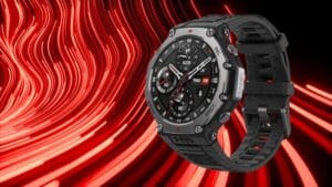 Smartwatch Amazfit T-Rex 3 com caixa metálica e pulseira preta, usada como imagem destacada do artigo